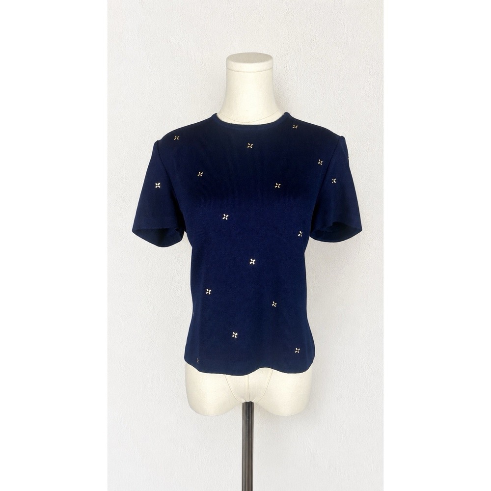 Vintage 90's St. John Navy Embellished Tee Top Shirt Old Money
